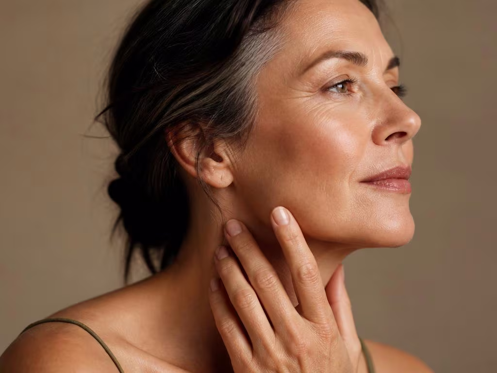Mulher elegante em perfil tocando suavemente a linha da mandíbula — facelifting