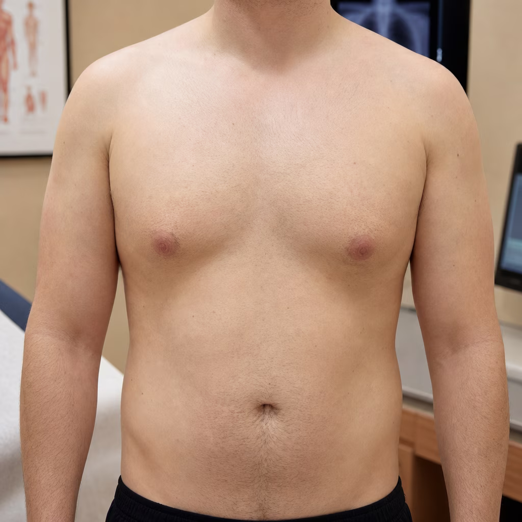 Tórax masculino em vista frontal com leve proeminência mamária, referência para ginecomastia