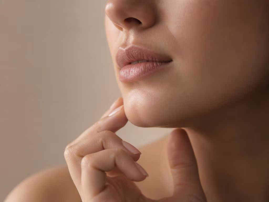 Lábios femininos em close com dedos delicados no queixo — injetáveis faciais